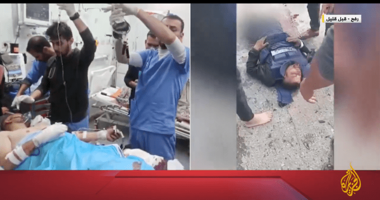 Al-Jazeera journalist Ismail Abu Omar receives treatment in a hospital (left) after being severely injured (right) by an Israeli drone strike while reporting near the city of Rafah in southern Gaza on February 13, 2024.